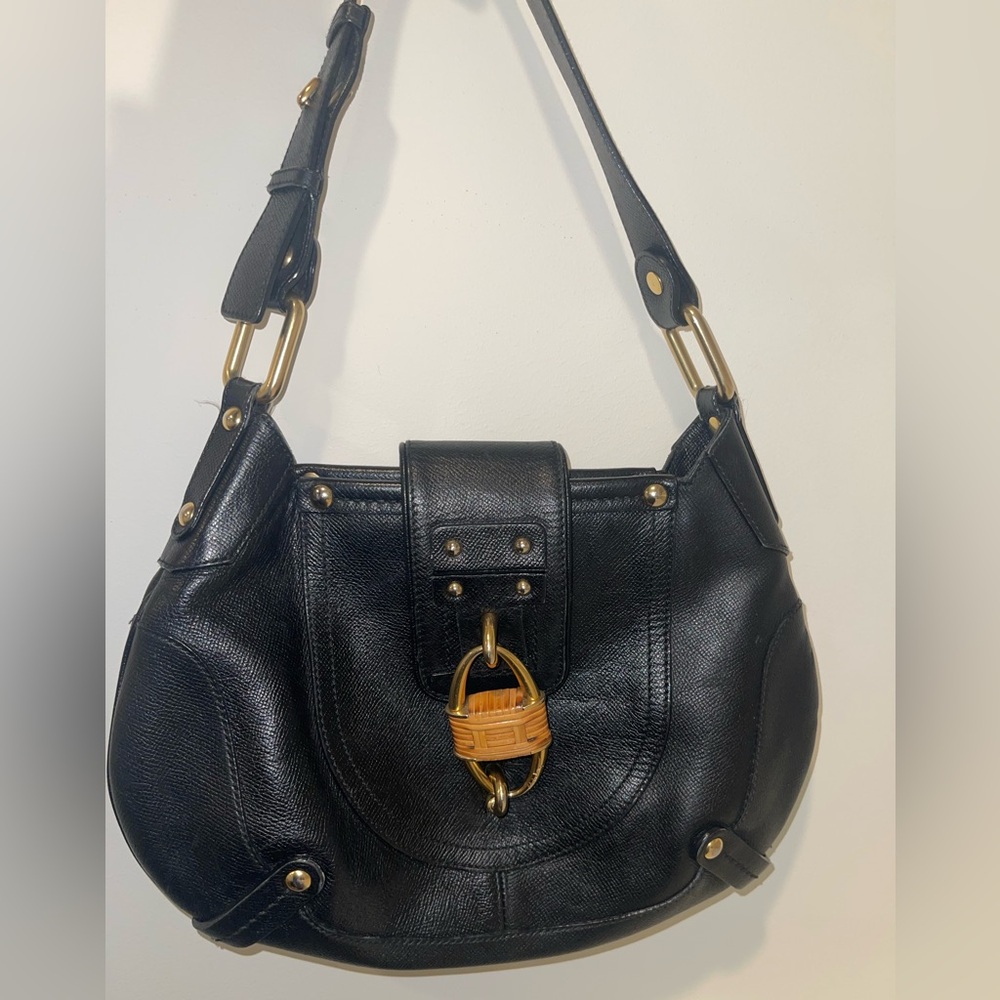Salvatore Ferragamo Black Leather Shoulder Bag with Gold Accents